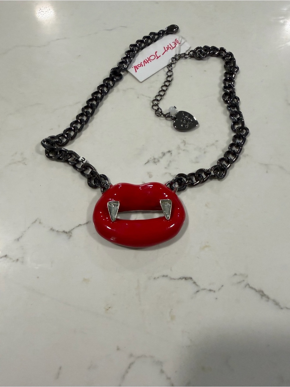 Betsey Johnson Red Lip Vampire Fang Necklace with Gunmetal Chain